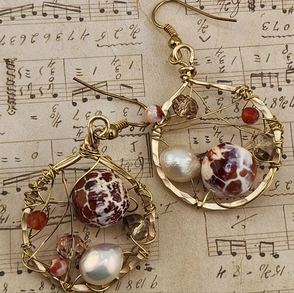 CATCH DREAMS BRASS METAL HANDMADE EARRINGS W/ AGATE, PEARLS & CRYSTALS